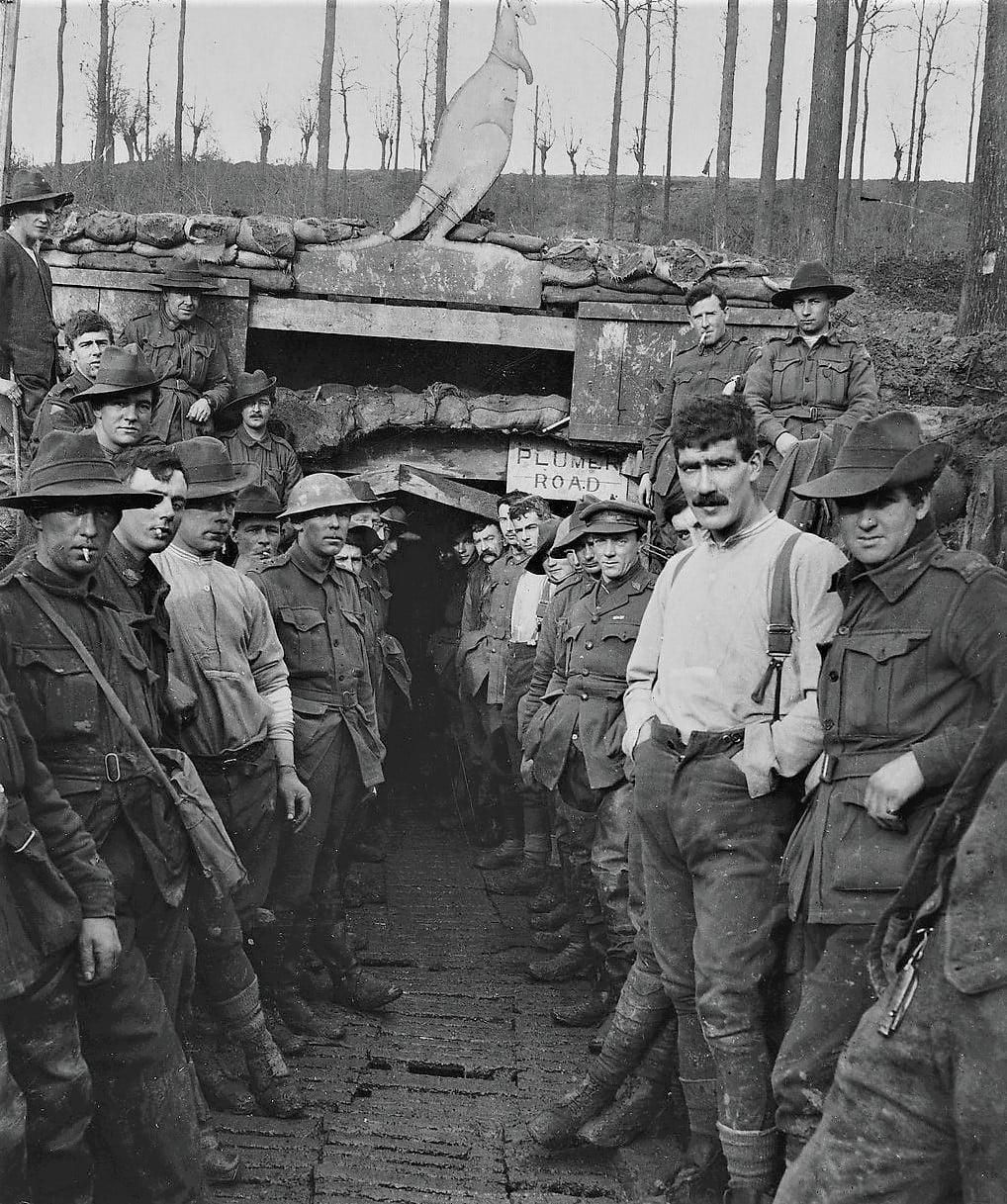 Sappers outside the Wallangarra Dugouts under Hill 63 — note the kangaroo above the tunnel entrance